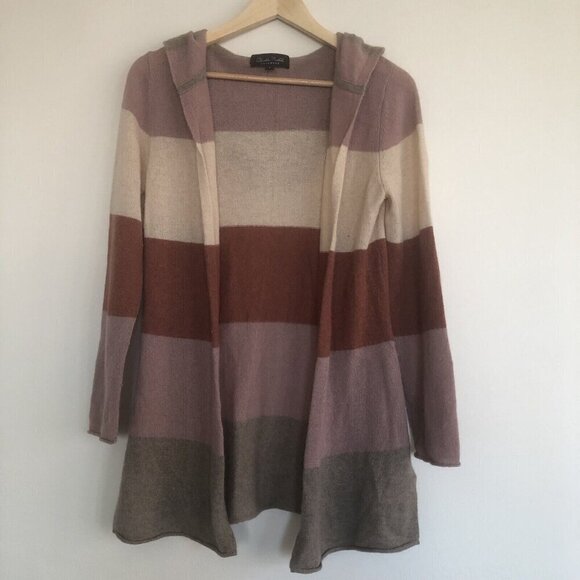 Claudia Nichole Cashmere LONG Stripe Hooded Open Cardigan Tan Brown Size S - Picture 7 of 7